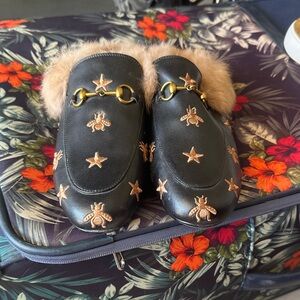 Black Embroidered Bee & Star Fur-Trim Mules
